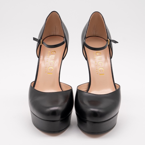 size 40.5G 10.5 US Gucci Platform Pumps Black Leather Strap Buckle - Picture 2 of 12